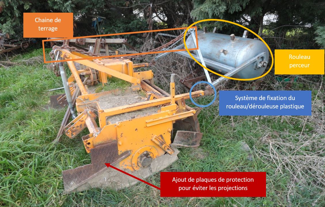 La chaine permet de relever le rouleau perceur lorsqu’on ne l’utilise pas mais également de régler le terrage, de manière rudimentaire, certes, mais tant que cela fonctionne, pas besoin de complexifier.