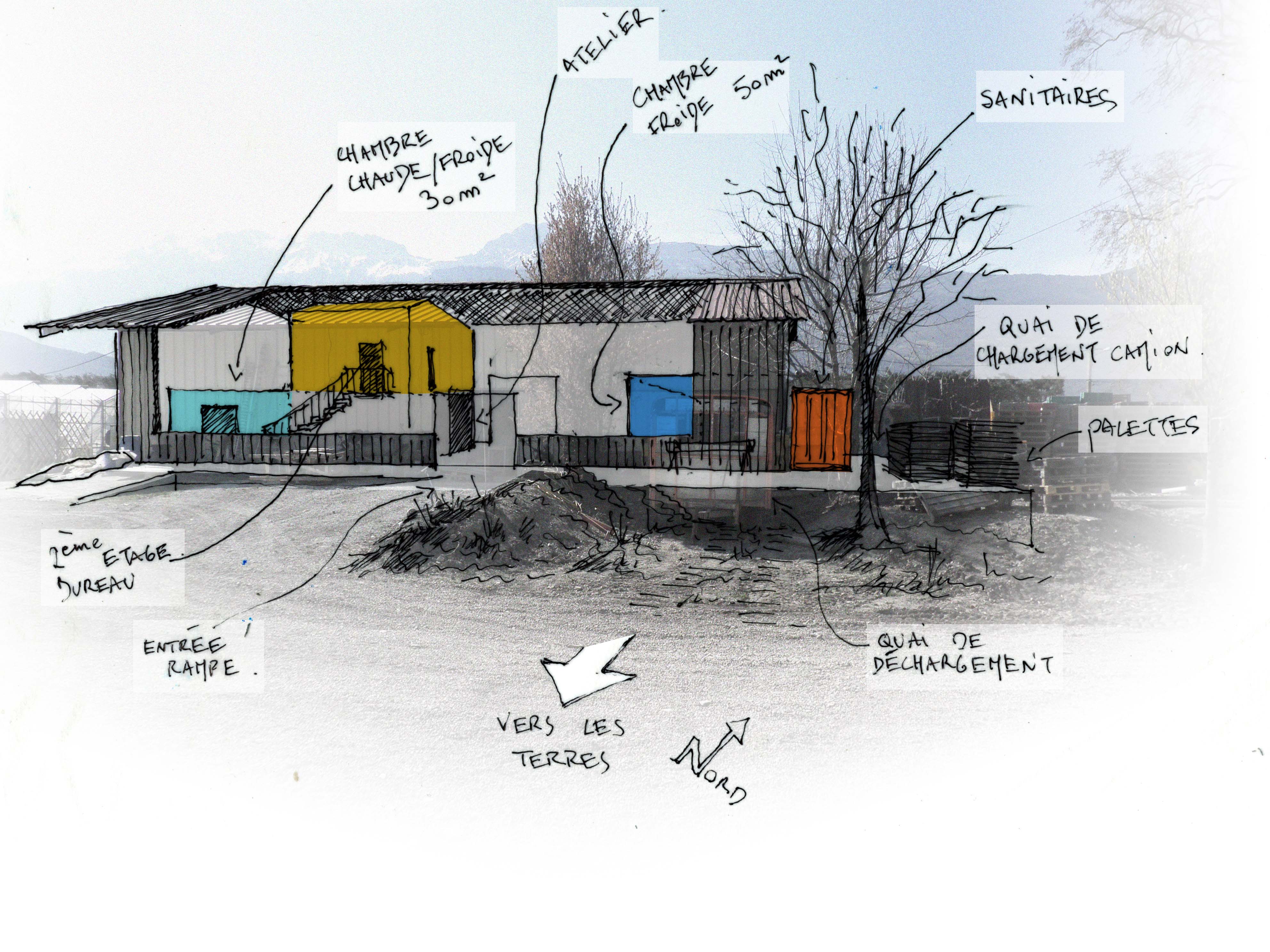 Perspective éventrée du bâtiment agricole : quatre éléments intérieur : ch froide 1, ch froide 2, bureau, atelier.