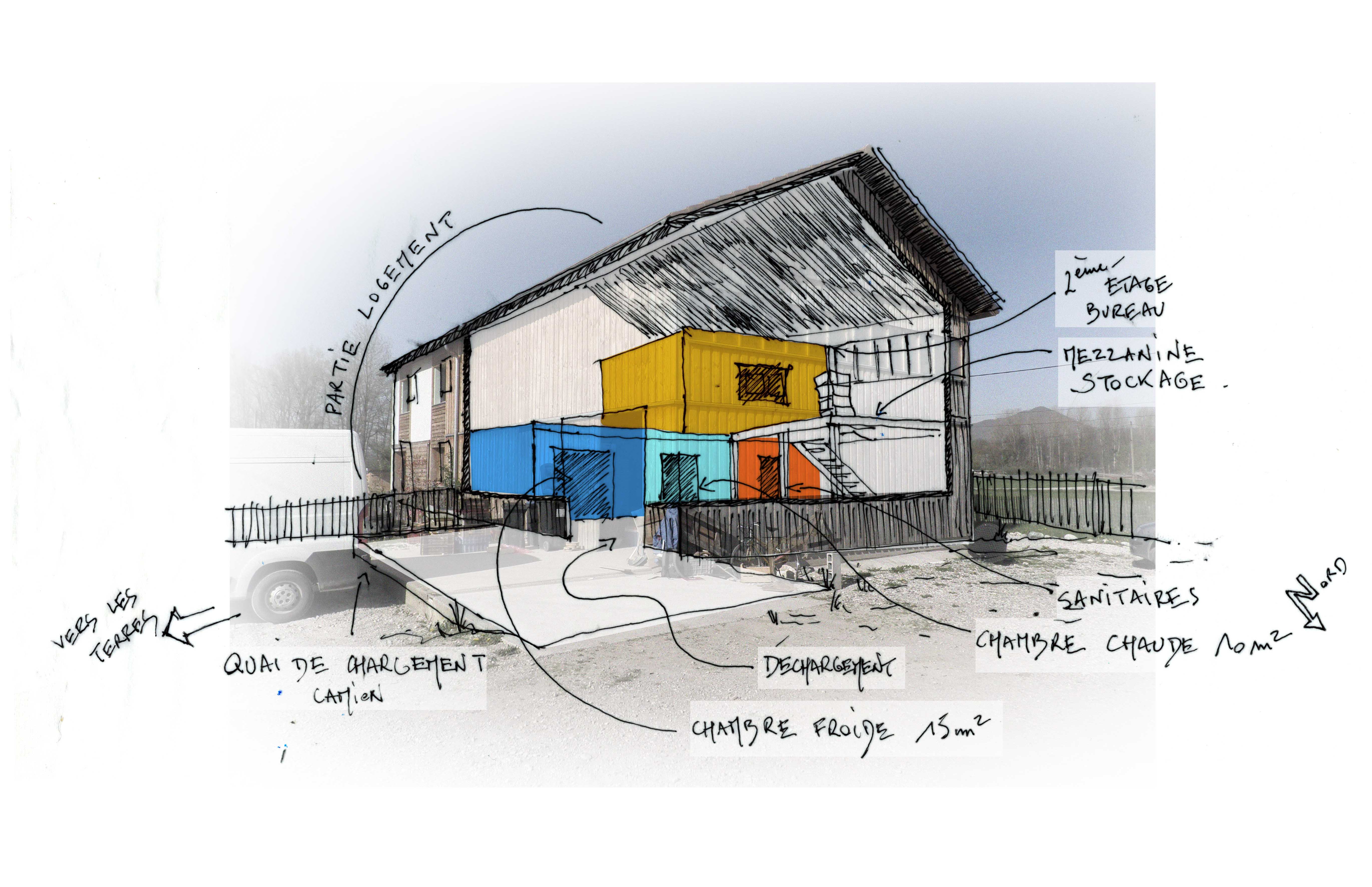 Perspective éventrée du bâtiment agricole : quatre éléments intérieur : ch froide 1, ch froide/chaude 2, bureau, sanitaire.