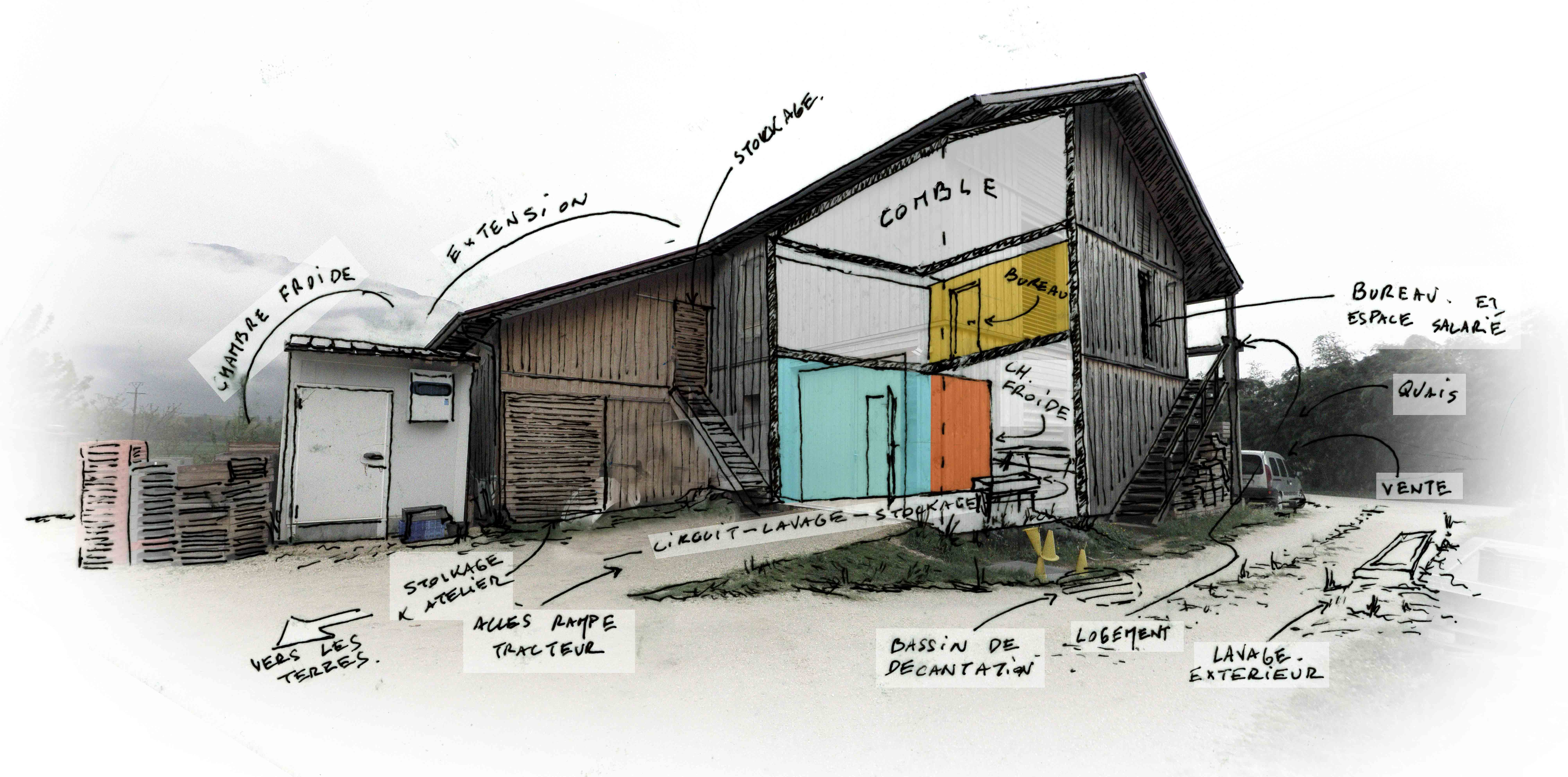 En bleu : le chambre chauffée par le groupe froid ; en orange : sanitaire ; en jaune : le bureau de l'exploitation.