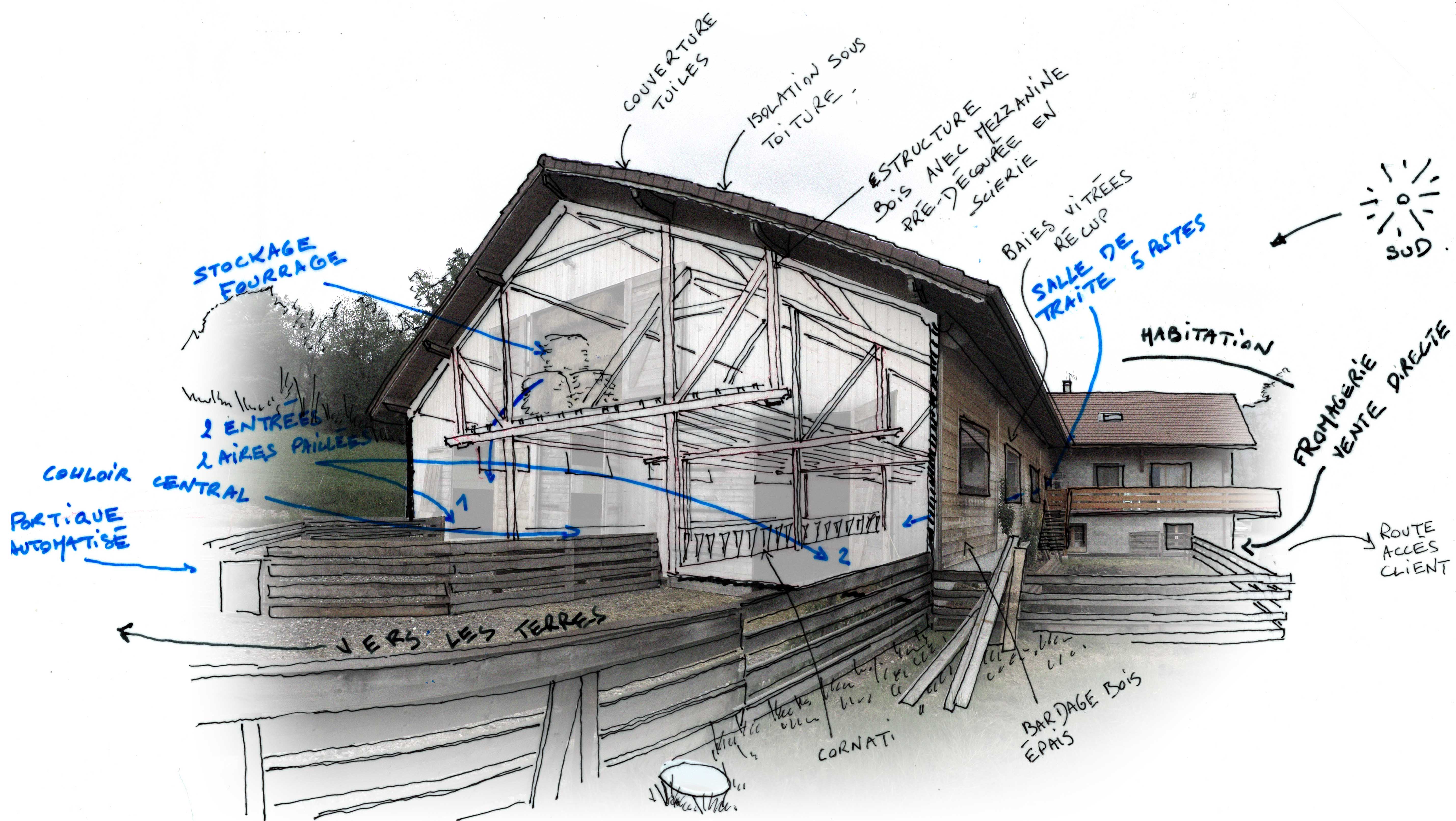 Perspective éventrée de la bergerie. On peut prêter attention au dessin ingénieux de la charpente : 3 séparations au sol, et la mezzanine desservant les deux aires paillées.