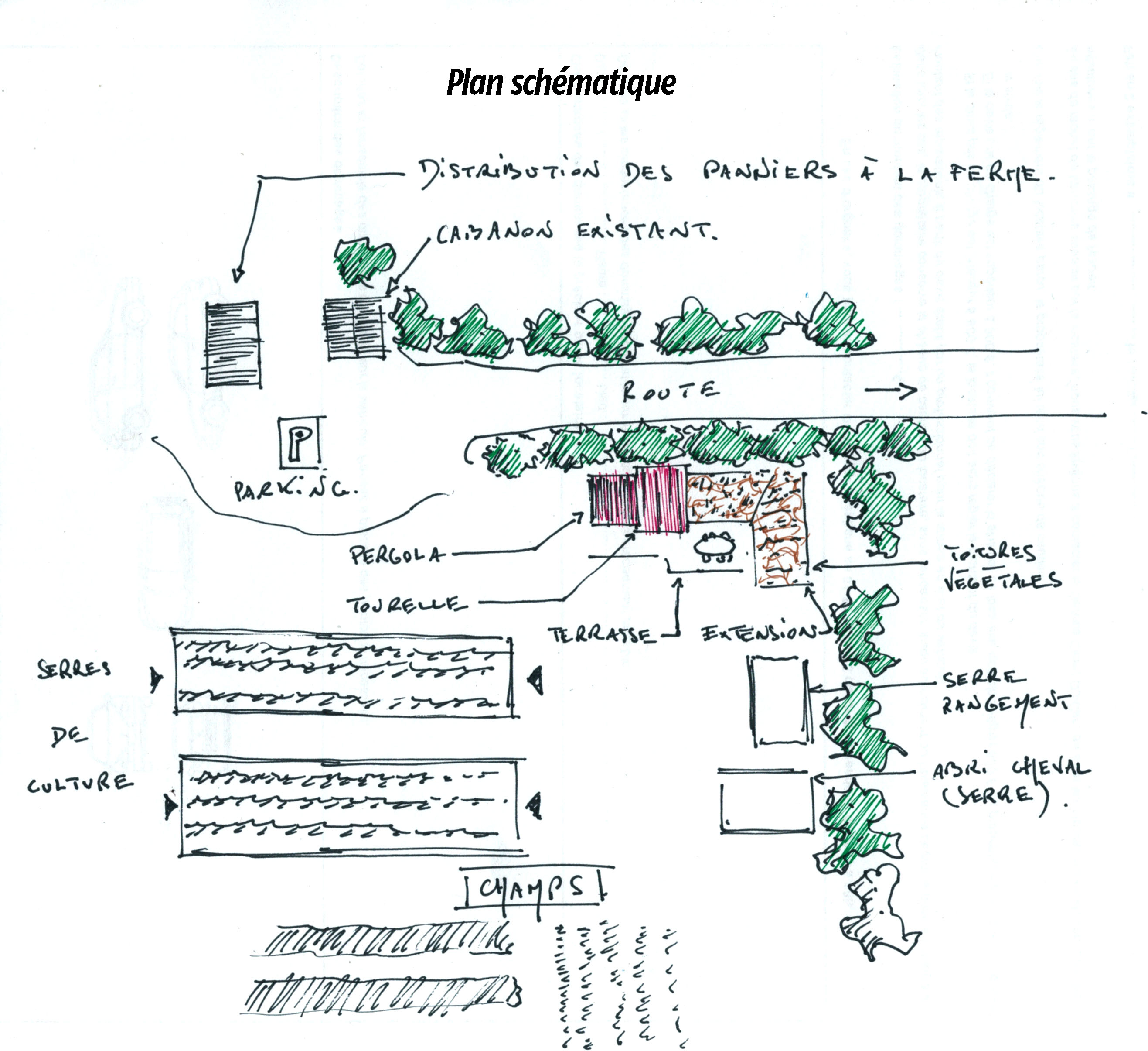 Plan schématique de l'implantation de la maison par rapport aux terres