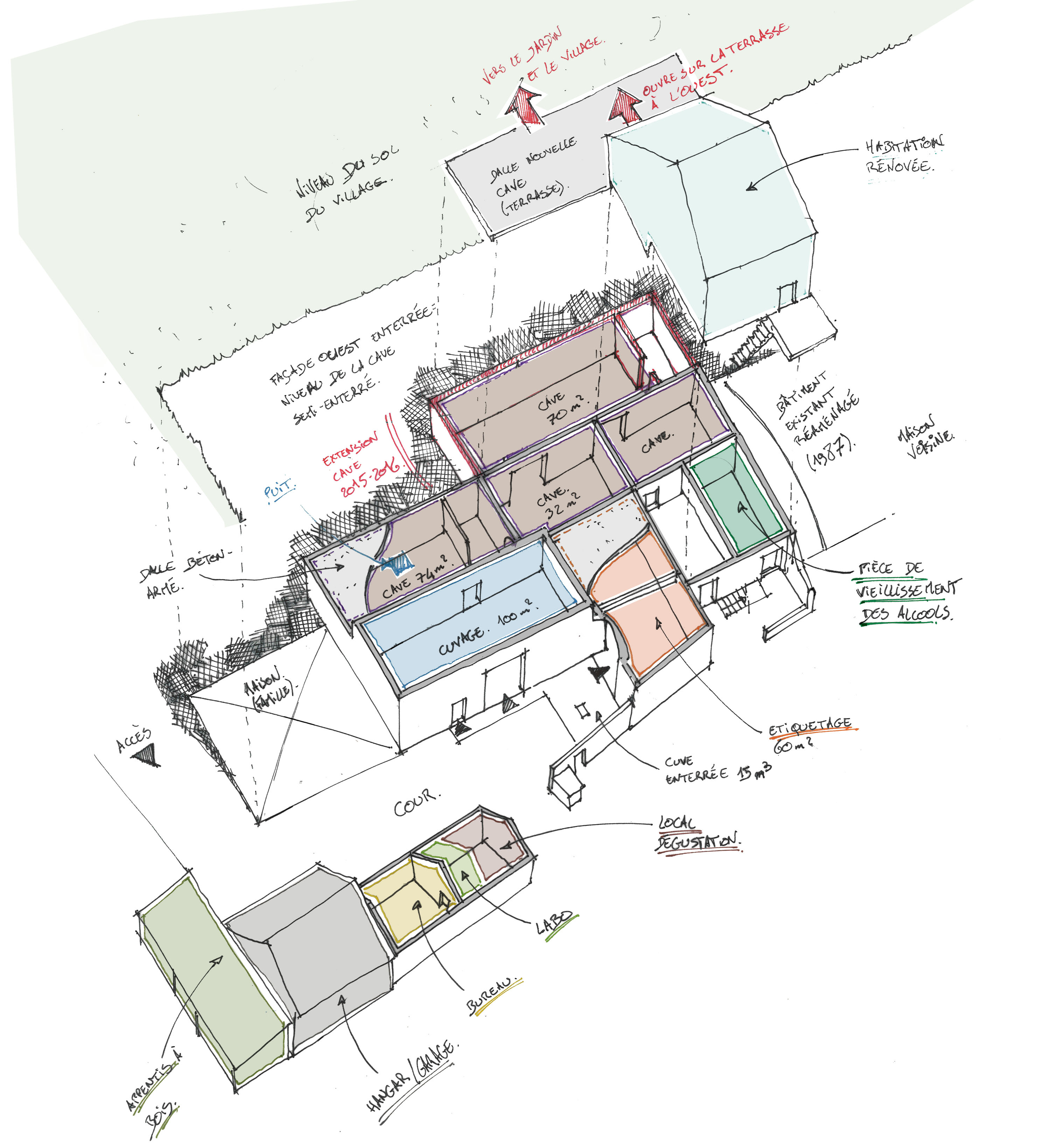 Organisation spatiale : réutilisation des espaces existants pour installer les locaux de vinification et les caves (+extension 2015)