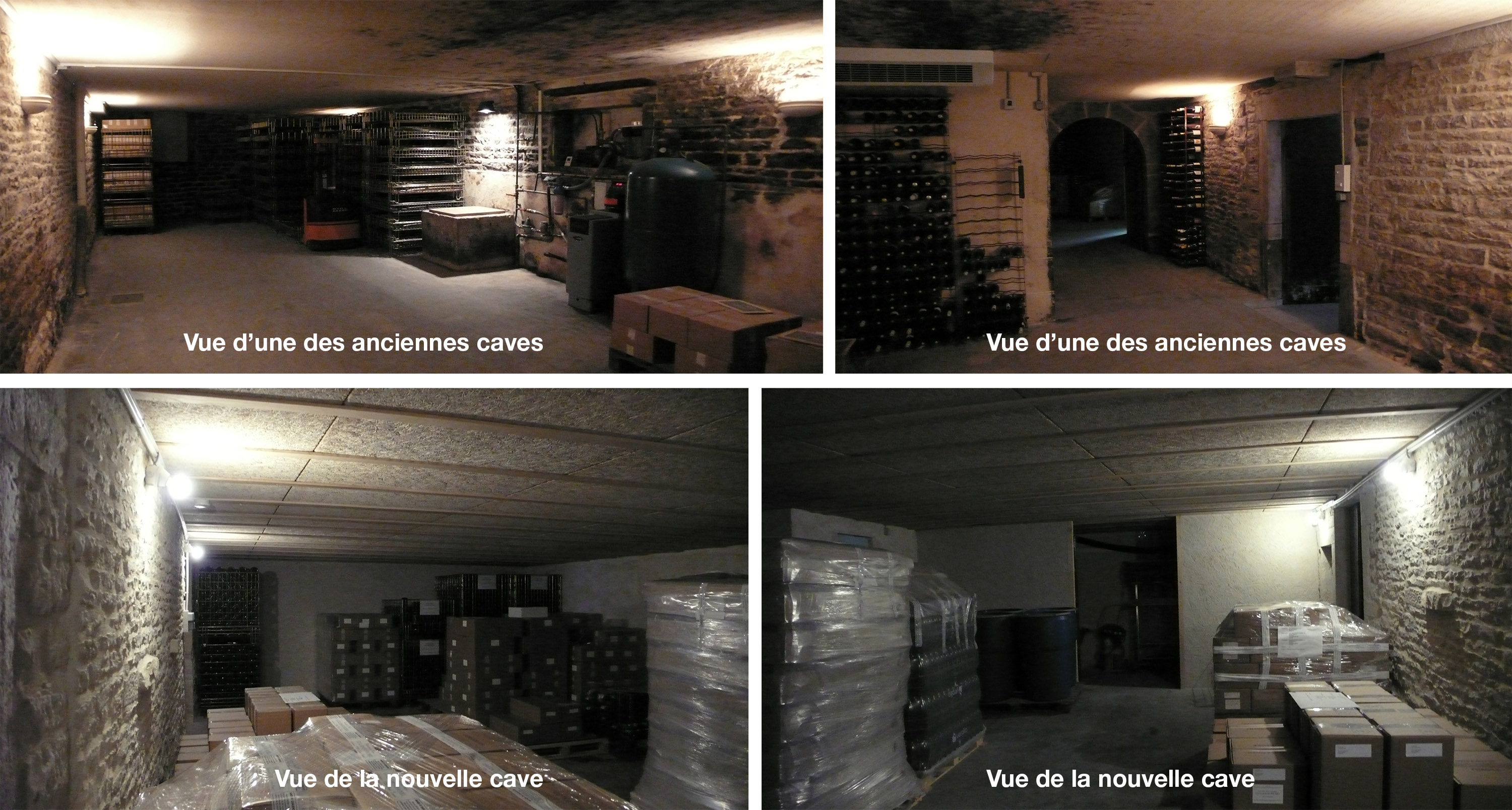 Quelques vues des caves :<br />- Caves anciennes : murs existants en maçonnerie + dalles béton-armé<br />- Extension 2015 : murs béton-armé + poutrelles-ourdis isolants (+dalle mixte)