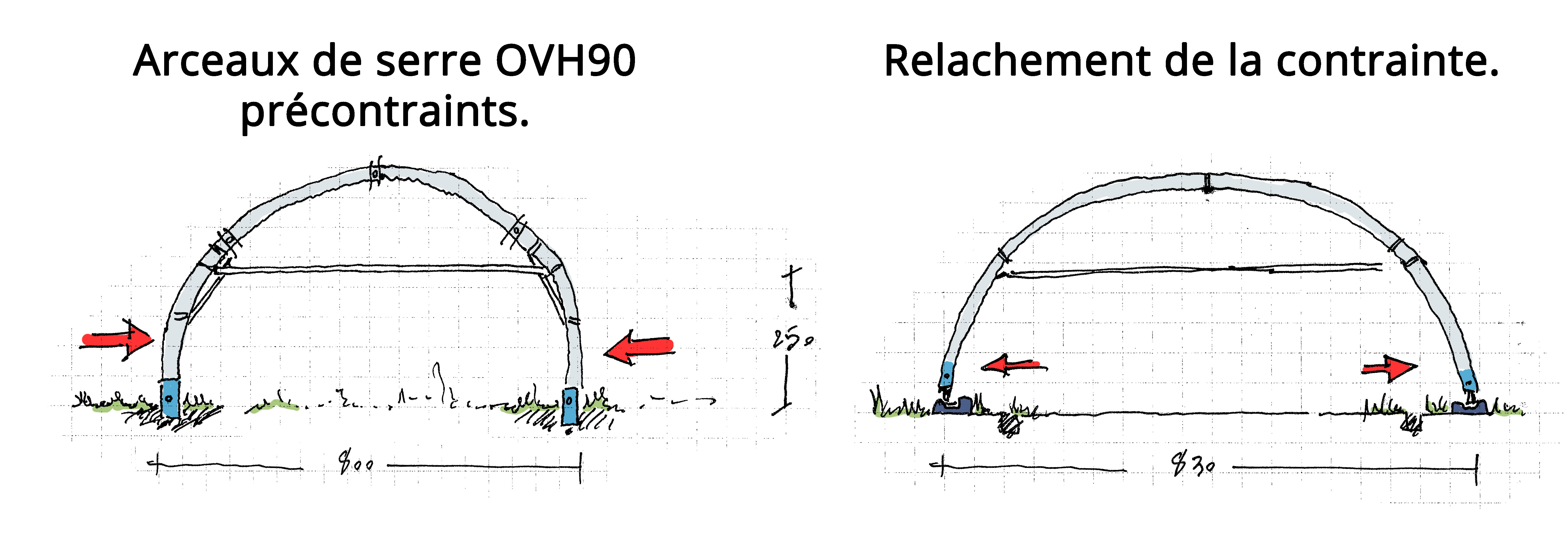 Ici figure le problème de précontrainte et de relâchement. Pour info, les arceaux sont constitués de quatre éléments. La contrainte des deux éléments haut est reprise par le support de culture (à 250cm). Mais les deux éléments de part et d'autre se relâchent.