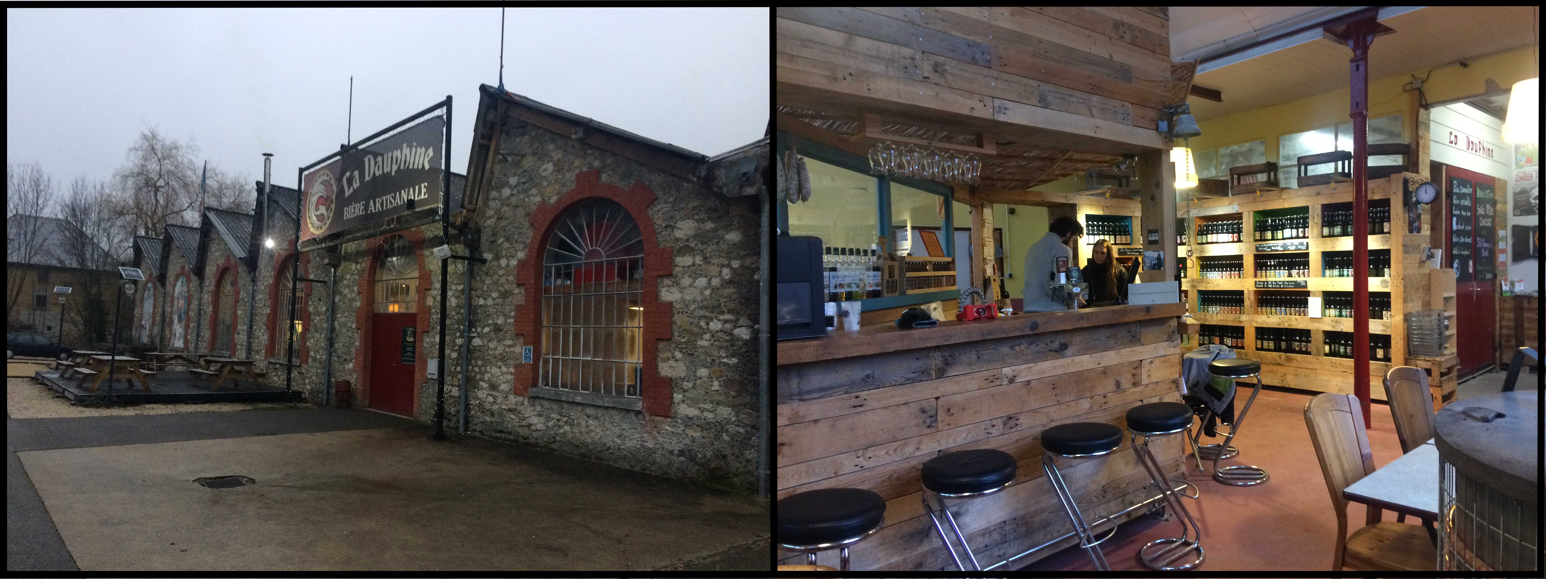 À gauche, vue extérieure de la brasserie du val d'Ainant ; À droite le bar/magasin de la brasserie