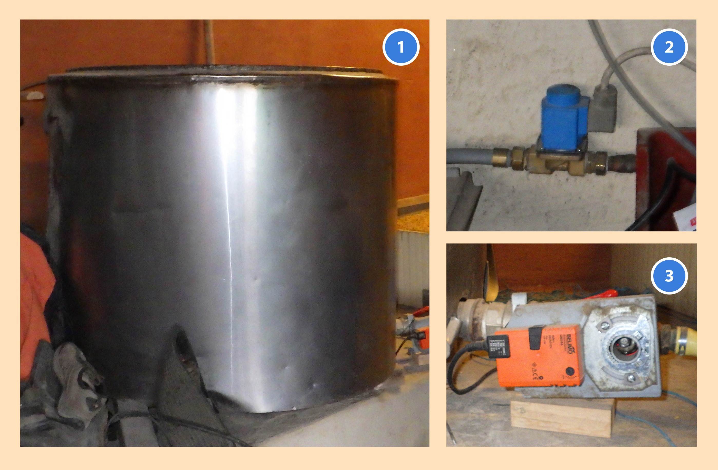 Eléments constitutifs de la cuve de trempe : Un tank à lait (1), une électrovanne (2) et une vanne motorisée (3)