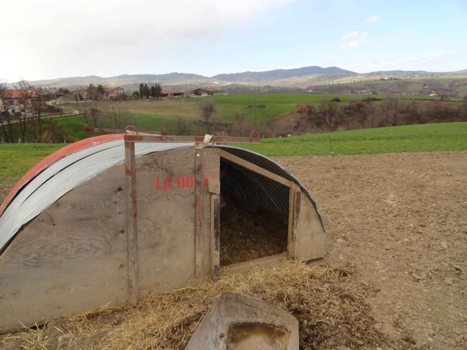 Ce modèle acheté sur le marché s’avère de piètre qualité, malgré une taille respectable permettant d’y placer les plus grosses truies. Le transport se fait via les tubes métalliques visibles sur le devant de la cabane.